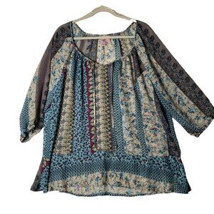 Dolled Up FANG Bohemian Floral Print Sheer 3/4 Sleeve Blouse Women 2XL Country